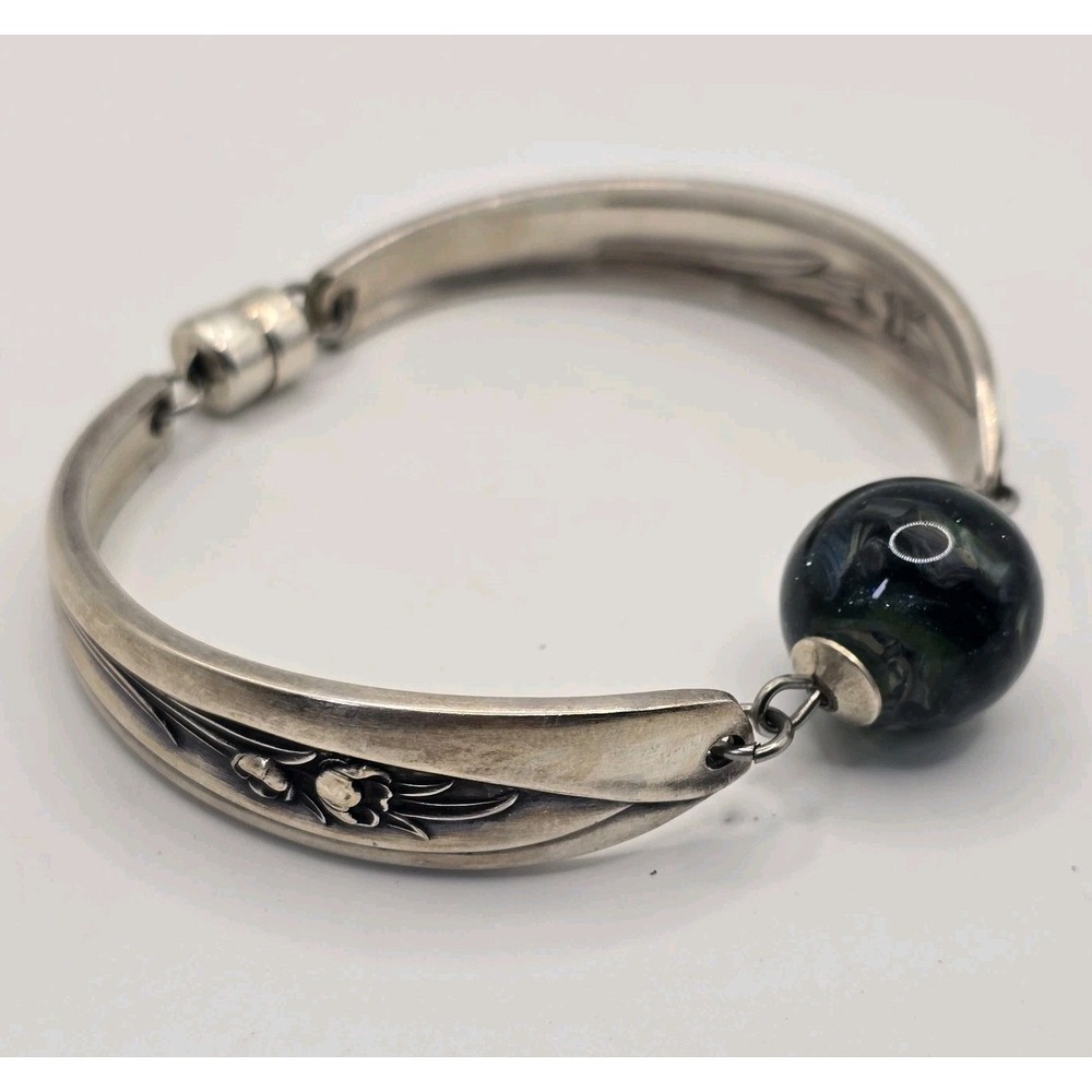 Handmade Spoon Bracelet w/Lampwork Glass Bead Magnetic Clasp Vintage Silverplate